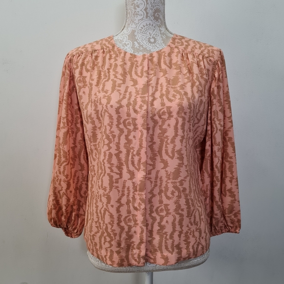 Elizabeth and James Anthropologie Blouse Peachy Pink Tan Leopard Puffy Sleeve XS - Picture 3 of 14